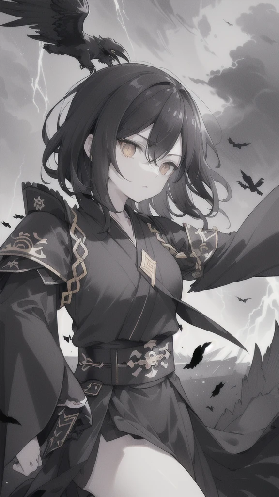 (dark hair,short black hair),(golden eyes),(black hanfu,black armor),(ink black longsword),(ravens),(high contrast,monochrome,black and white),(mystery,ominous),(stormy atmosphere,thunderstorm),(dramatic lighting),(detailed textures),(dynamic pose),(dark background)