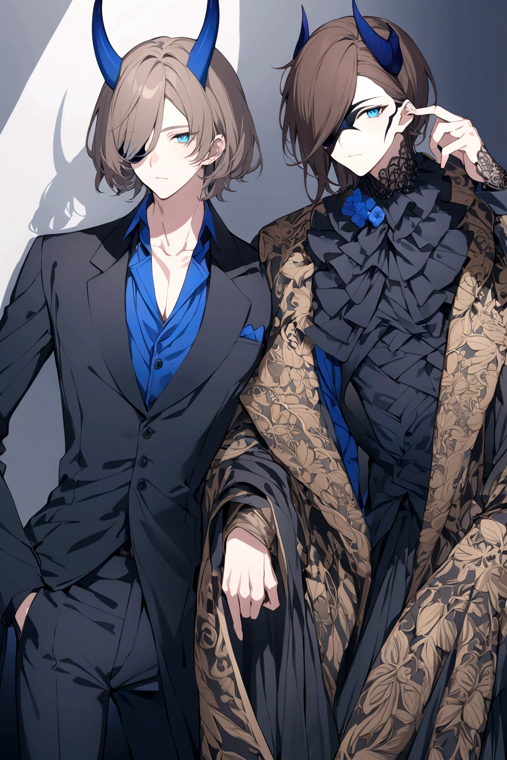 (man in half mask on the left side )(blue color)(blue eyes) brown hair)(blue horns)(Dressed in black)(Short haired)
