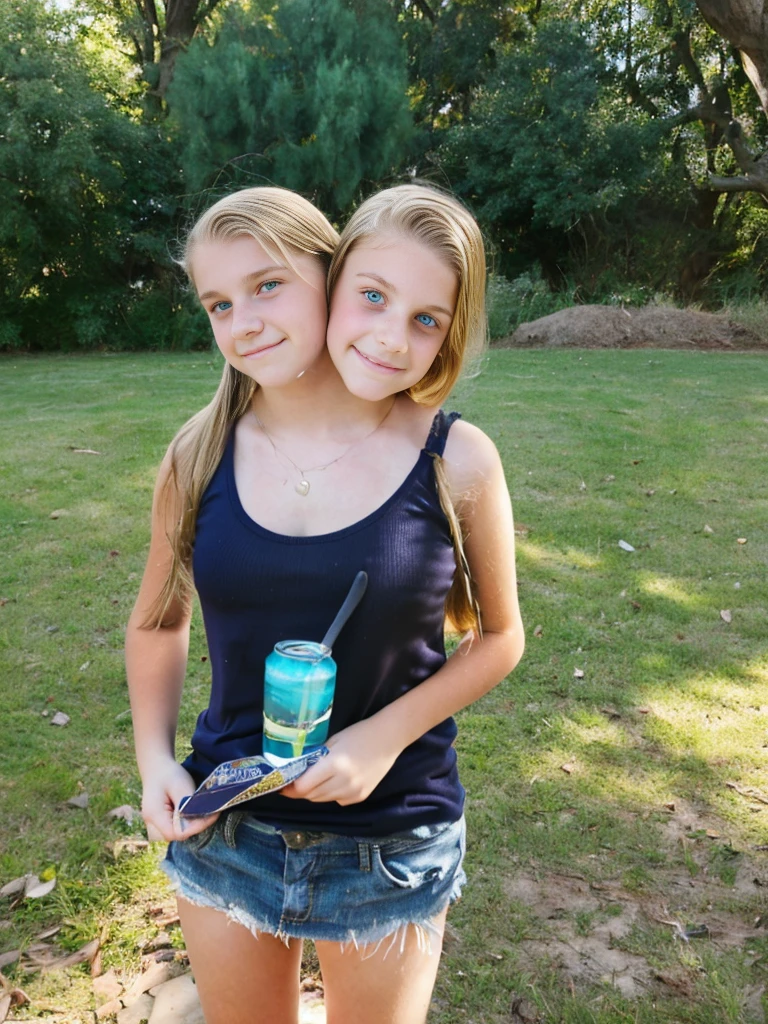 Cute high girl with two pigtails that are blonde and she has blue eyes. She is pouting at the camera while holding up a bottle of water.