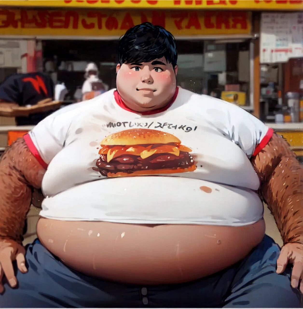 Obese boy happy, moobs.
