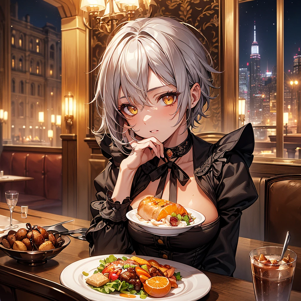 masterpiece, Highest quality, Perfect Face, Highest Resolution, Highest quality,Detailed depiction of the eyes, 1 girl, young, Short, deep tan skin, slate gray hair, short hair, upturned eyes, Yellow Orange eyes, Perfect Anatomy, steampunk, ribbon choker, having meal, restaurant, city, night