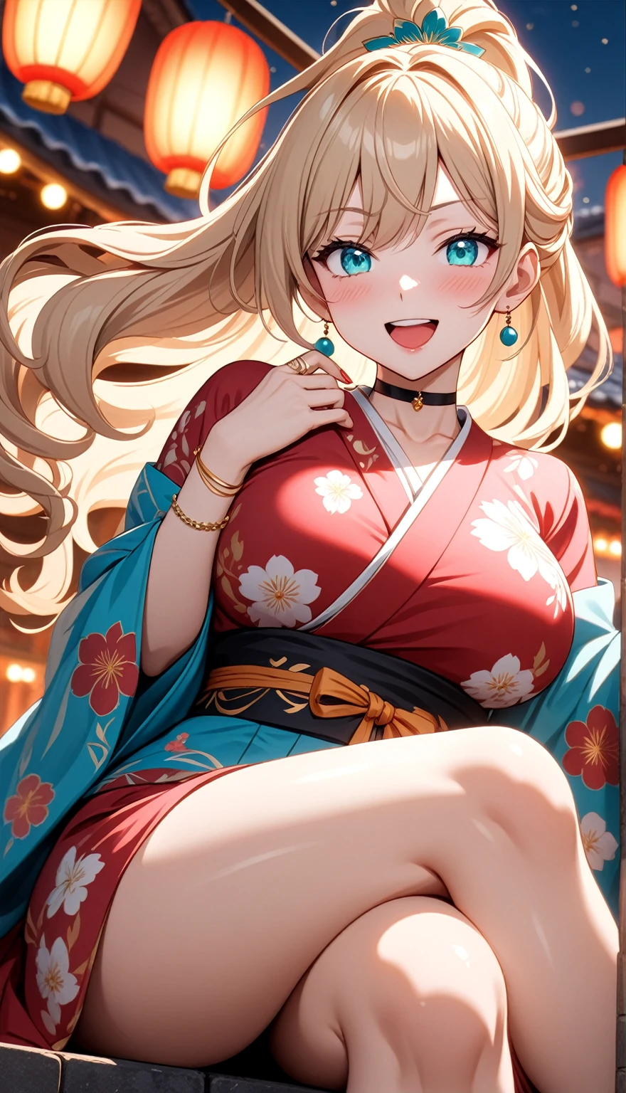 ((One personの女性)), Beautiful Face,(Laughing embarrassedly), (naughty face:1.2), (Wink:1.9), Laughing with your mouth open, upper teeth, ((Bright red cheeks:1.4)),Glossy pink lips, ((crossed legs:1.4)), Shining Face, Touching hair with hands,looking at viewer,Shining Face, rooftop, Festival decorations, firework, ((Anime style background)),masterpiece, Highest quality, so beautiful,up to date, Complex details, (Pink long nails),(ring),(bracelet),(choker),AI-generated, Complex,High resolution, Highest quality, super high quality,3D Images、3D Images,One person,Long blonde hair,ponytail, wavy hair ,Anime woman posing for a photo, ((Fine grain、Turquoise Eyes、Shining Eyes:1.35)), (Squint your eyes:1.1),a hyperRealistic , hyperRealistic , Realistic,Anime woman with long white hair, Smooth anime CG art, A woman in a colorful kimono with gold embroidery, (Pink long sleeve kimono),Red floral pattern,Long flower hair ornament,Earrings,Mature Body,(Big Breasts:1.1),Tall,Abdominal muscles,Tight waist,(Zoom up to face:1.3), (dutch angle),