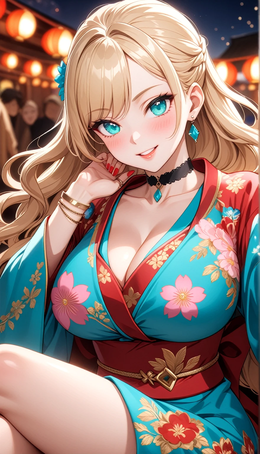 ((One personの女性)), Beautiful Face,(Laughing embarrassedly), (naughty face:1.2), (Wink:1.9), Laughing with your mouth open, upper teeth, ((Bright red cheeks:1.4)),Glossy pink lips, ((crossed legs:1.4)), Shining Face, Touching hair with hands,looking at viewer,Shining Face, rooftop, Festival decorations, firework, ((Anime style background)),masterpiece, Highest quality, so beautiful,up to date, Complex details, (Pink long nails),(ring),(bracelet),(choker),AI-generated, Complex,High resolution, Highest quality, super high quality,3D Images、3D Images,One person,Long blonde hair,ponytail, wavy hair ,Anime woman posing for a photo, ((Fine grain、Turquoise Eyes、Shining Eyes:1.35)), (Squint your eyes:1.1),a hyperRealistic , hyperRealistic , Realistic,Anime woman with long white hair, Smooth anime CG art, A woman in a colorful kimono with gold embroidery, (Pink long sleeve kimono),Red floral pattern,Long flower hair ornament,Earrings,Mature Body,(Big Breasts:1.1),Tall,Abdominal muscles,Tight waist,(Zoom up to face:1.3), (dutch angle),