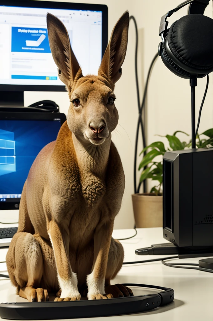 Animated kangroo with headphones in front of a computer