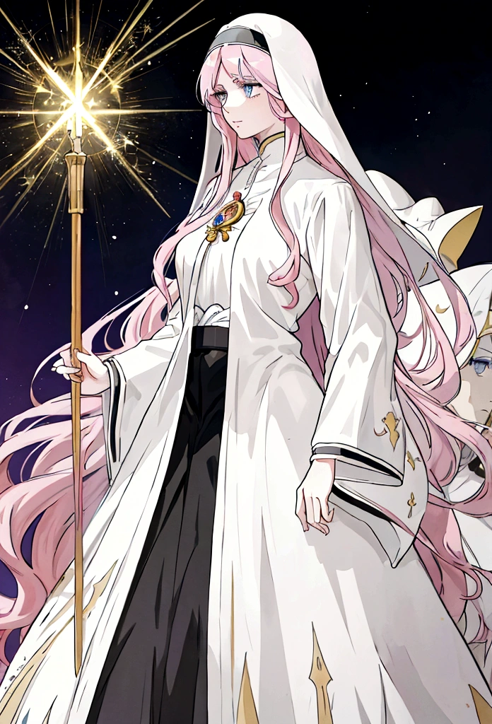 anime styling, best quality, pale white woman, Very Long Pastel Pink Hair, some wavy locks, bangss, purples eyes, nun, dressed in royal clothes in black and white tones full of golden details, body covered. Ela está orando com uma serious expression no rosto. The background must be illuminated by a holy light, with light particles floating in the air, to create a serene and spiritual environment. Medieval RPG theme. Whole body standing. Concept Art, Pose Model Sheet, from front view, lateral view, happy expression, serious expression, sad expression.
