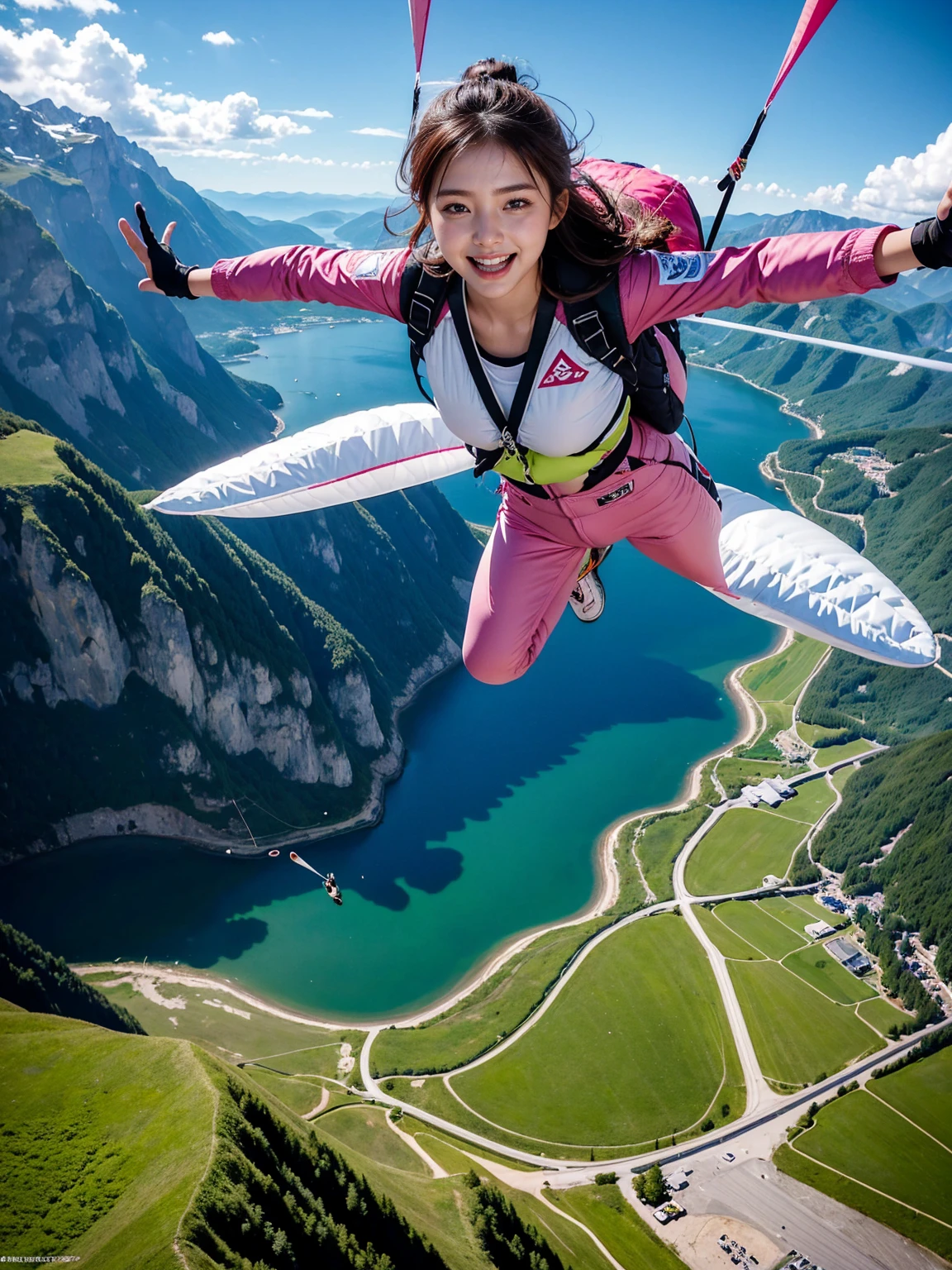 Beautiful 24 years old korean girl, paragliding on switzerland alaps valley, ((On air)), ((Paragliding)), Solo, Air, Realistic, Ultra HD, 8k unity wallpaper, Ray Tracing, Beautiful smile, (smile:1.2), (sports bra), (pink jeans), Detailed background, Detailed skin, , (detailed paragliding), Real paragliding, , Pose jumping from a height,,(((1 girl))), Open mouth and laugh out loud, (((Landing Pose)))