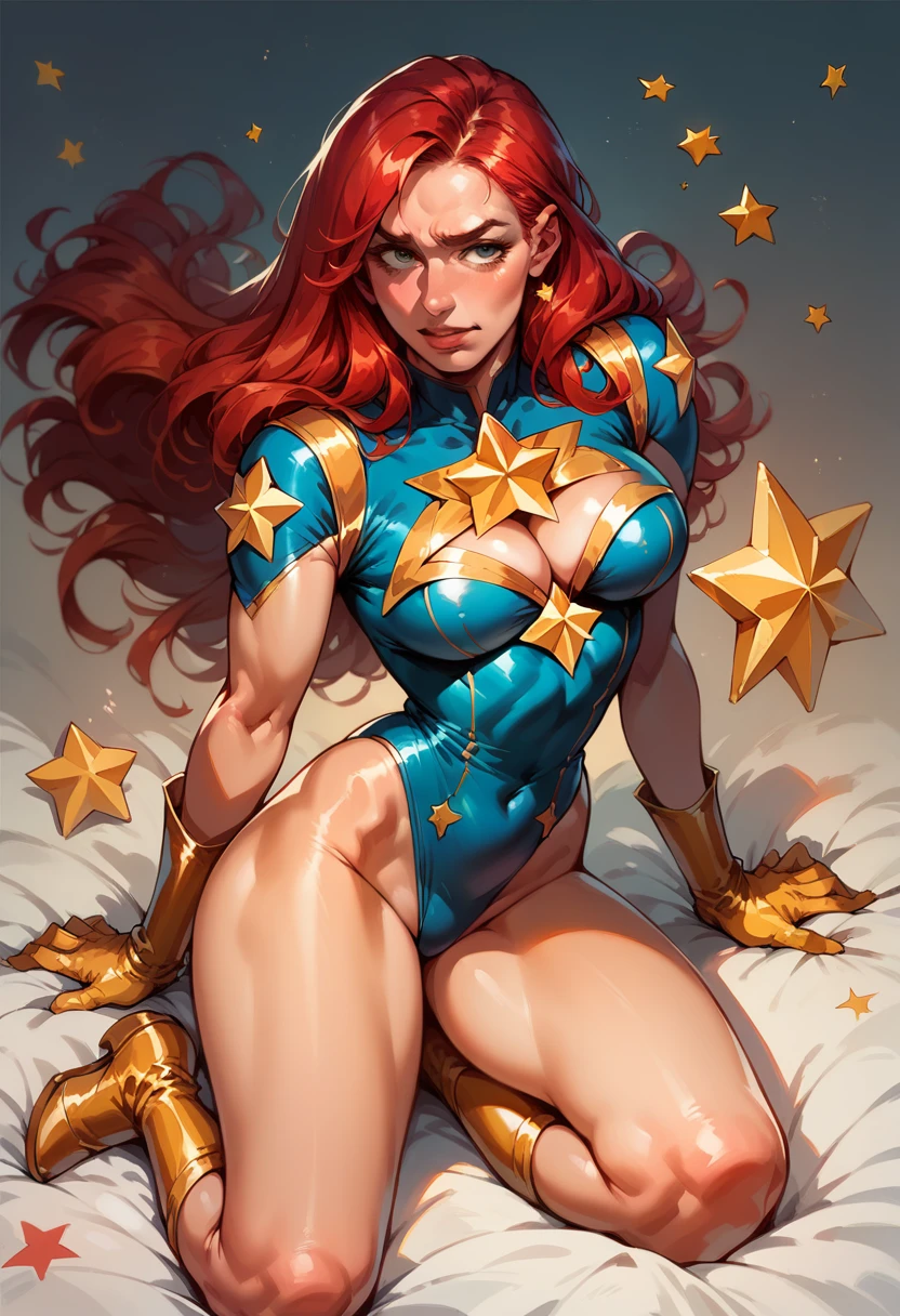 masterpiece,Sexy, Superheroine, Red hair, long hair, busty, ((blue highleg leotard with a t-back thong and a gold star insignia on chest)), gold boots, gold gloves, curvy, ((cleavage cutout)), anime