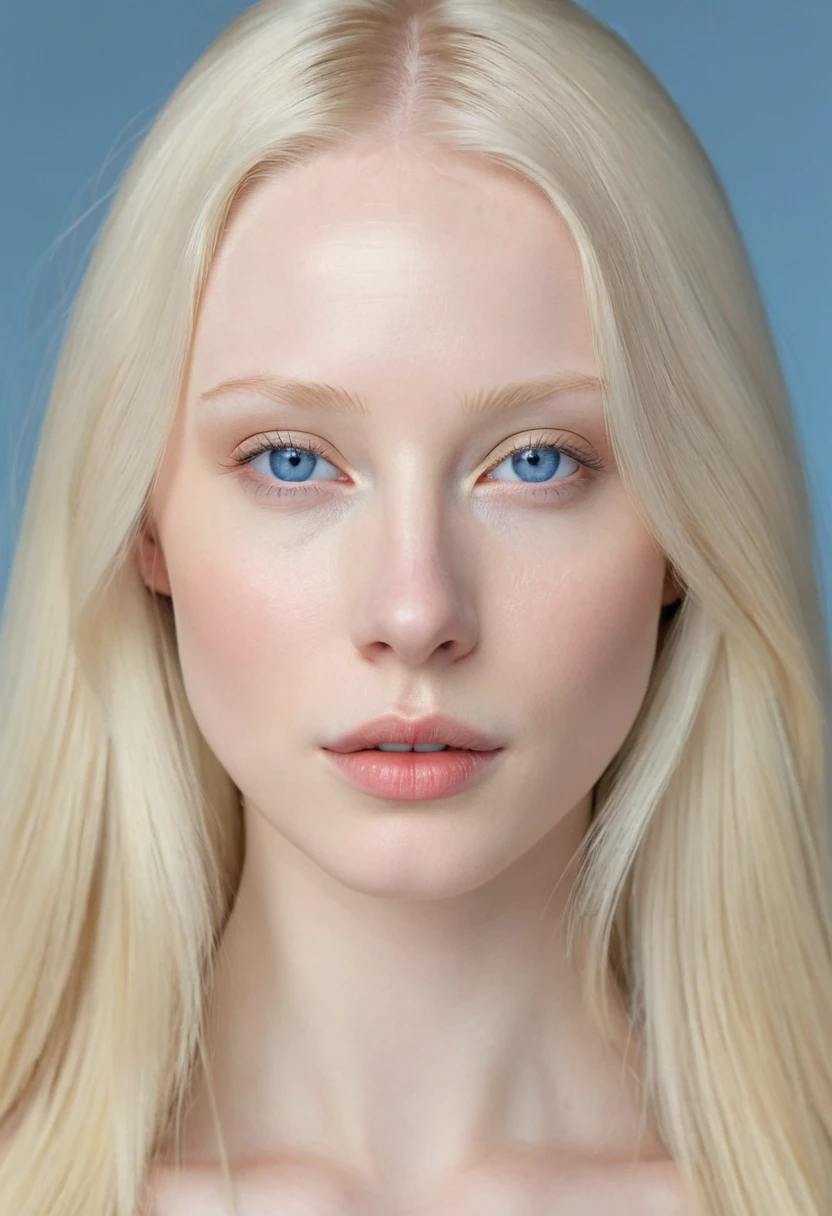 Extremely light albino woman, young, adult, neoteny, blue eyes, angelic face, fine features, thin nose, symmetrical face, small nose, perfect face, tenderness, smooth skin, perfect skin, very long light blonde hair,hyper realistic,centered front face, looking straight ahead,mouth shut