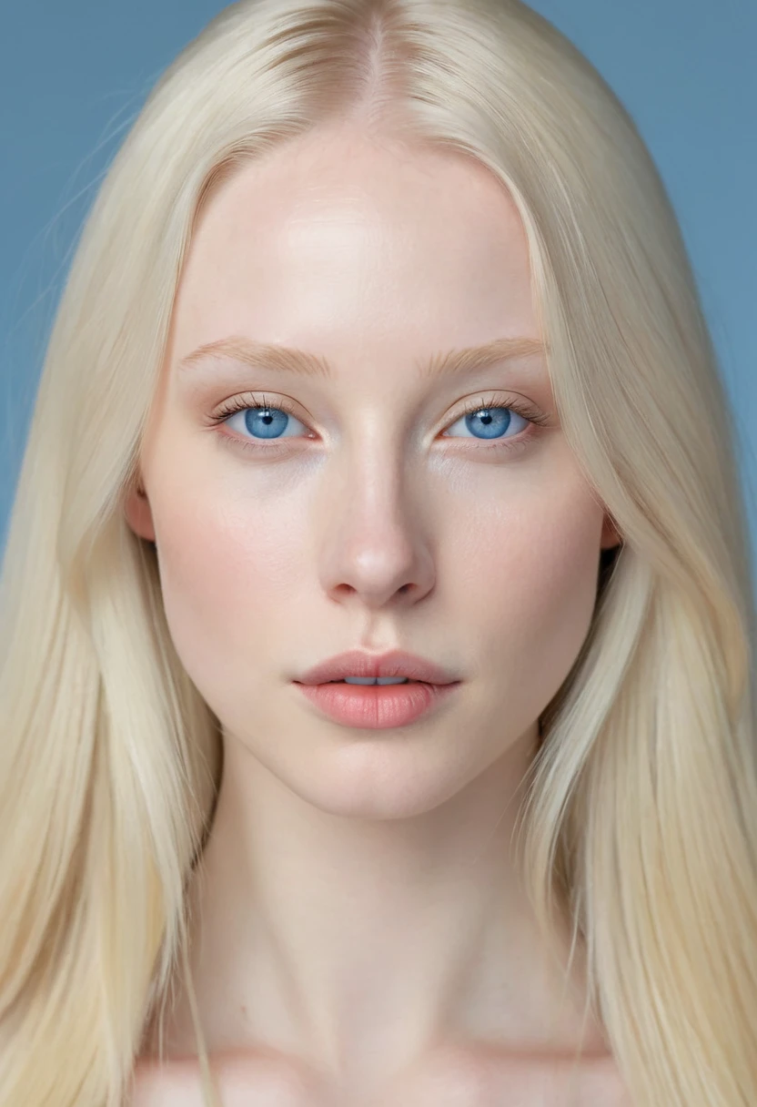 Extremely light albino woman, young, adult, neoteny, blue eyes, angelic face, fine features, thin nose, symmetrical face, small nose, perfect face, tenderness, smooth skin, perfect skin, very long light blonde hair,hyper realistic,centered front face, looking straight ahead,mouth shut