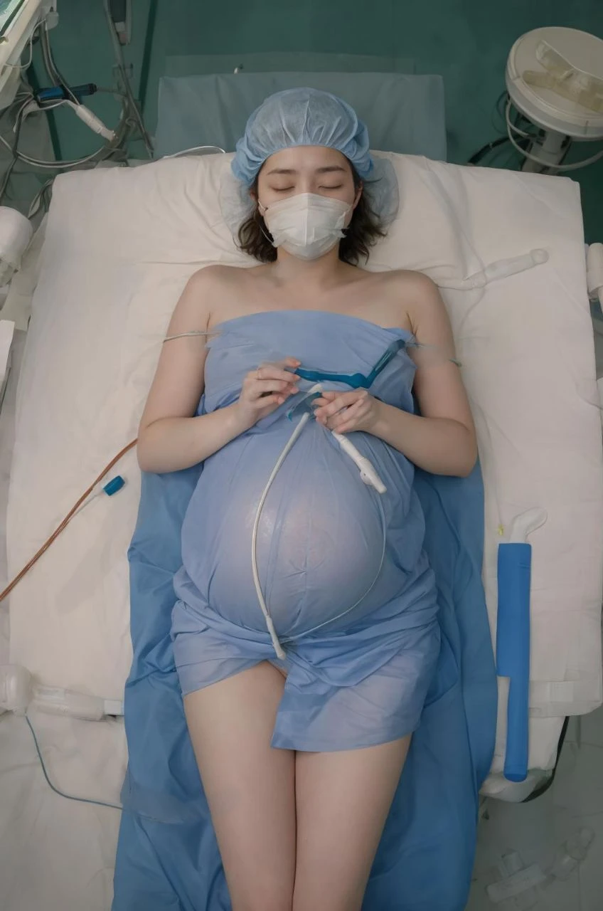 pregnant ,masterpiece, best quality, highres, (nude:1.2),  1girl, solo, (operating room:1.2), lie on back on (\"operating bed\":1.3),closed eyes,
(view from above:1.3), open legs, spread legs, surgical mask,
closed mouth, 