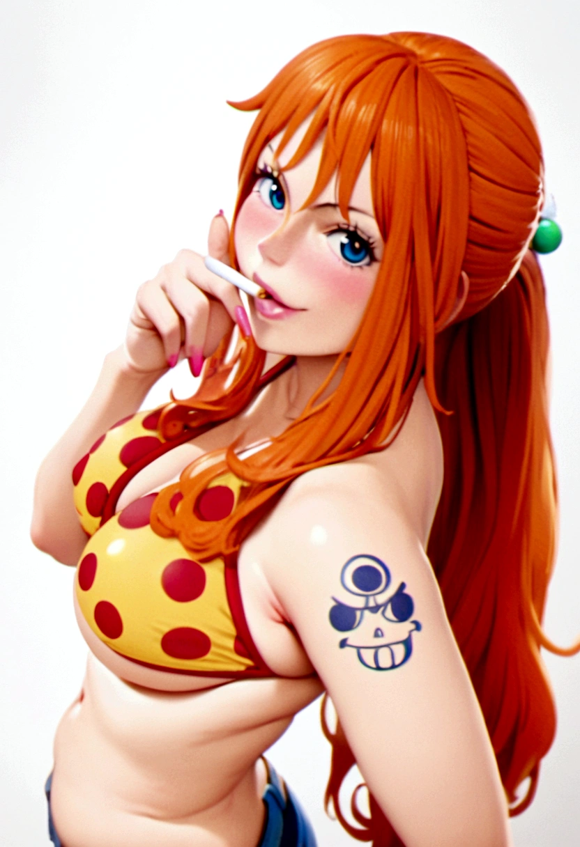 a cartoon picture of a woman in a bikini top and jeans, nami one piece, nami from one piece, nami, beautiful portrait of nami, from one piece, oppai, blue eyes, smoking, ponytail, nsfw