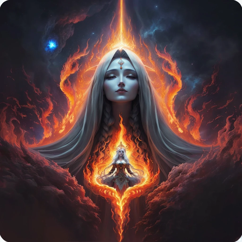 painting of a woman with long gray hair and a halo in her hands, holy flame spell, sacred feminine, appears as the Goddess of Fire, lava and Goddess of Fire, portal to the lost kingdom of flame, The Art of the Holy Fire Spell, Goddess of Fire, the Goddess of Fire, goddess of space and time, The Divine Feminine, A priestess, Goddess of Fire