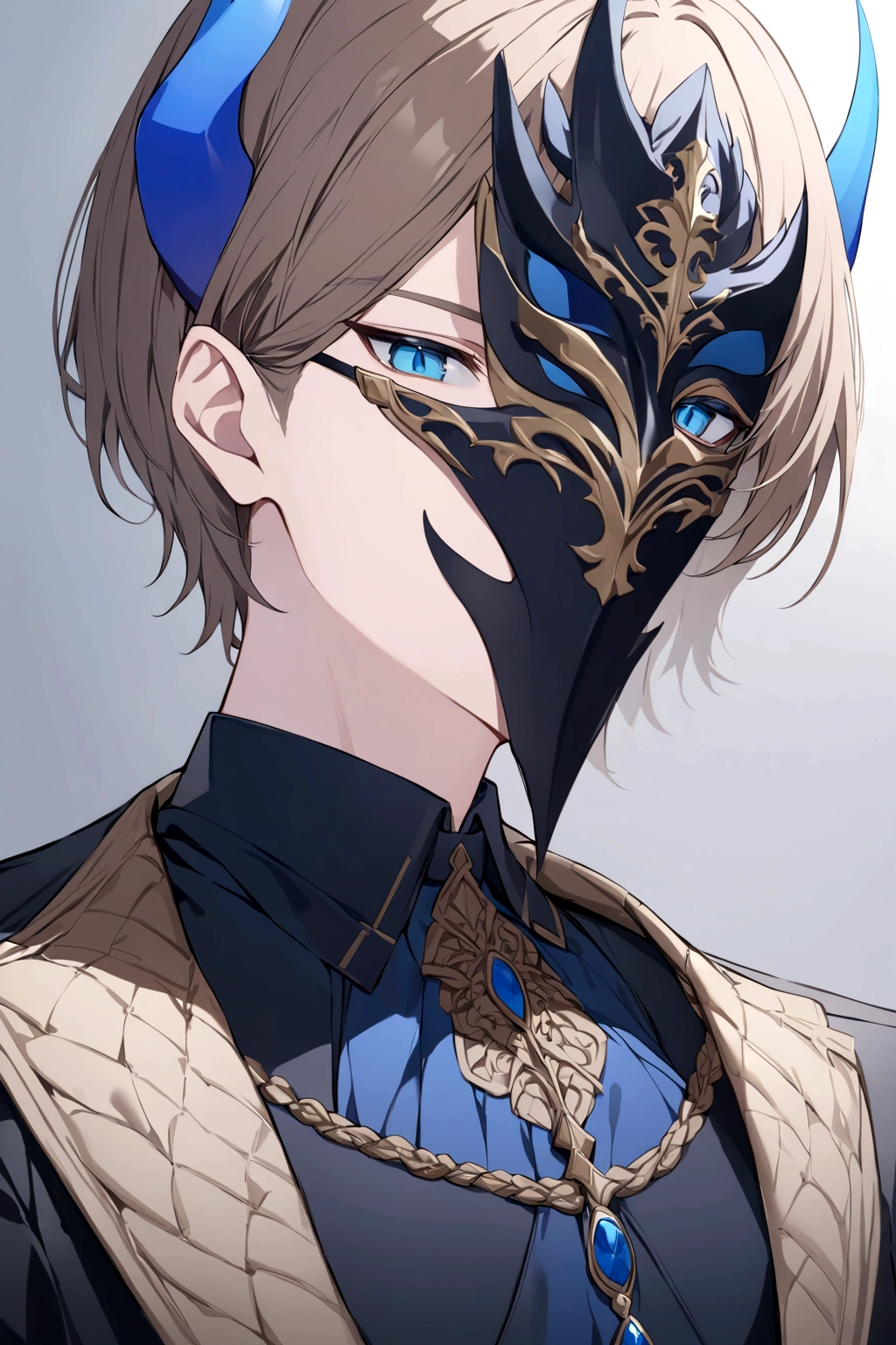 (man in half mask on the left side )(blue color)(blue eyes) brown hair)(blue horns)(Dressed in black)(Short haired)(alone)