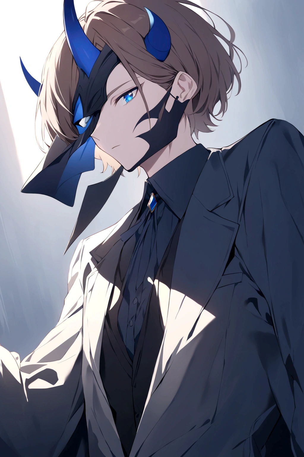 (man in half mask)(blue color)(blue eyes) brown hair)(blue horns)(Dressed in black)