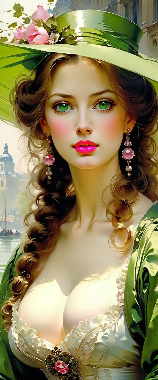 Victorian Hungarian women Women of the 17th century, Hazel hair, Pink lips, Nice feature, Wadim Kashin, james gurney, ink, Splash Art, Amazing beauty , Royo, after sexing, Super detailed splash art modern European ink oil painting, Mid gorgeous breasts, Gorgeous body, Acqua Green eyes, Blush, greg rutkowski.