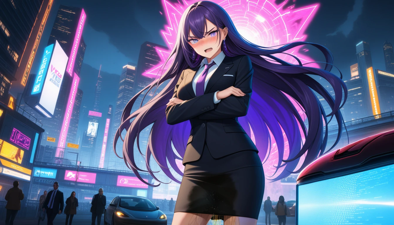 (high quality,Very detailed:1.37, High resolution), Woman, (very long hair:1.5), dark purple hair, purple eeyes, large breasts, (wetting herself:1.5), standing, business suit, necktie, (very long pencil skirt:1.5), pantyhose, (arms crossed:1.5), (embarrassed:1.5), (humiliation:1.5), (angry:1.25), (blushing:1.5), open mouth, Cyberpunk Style, Cyberpunk Cityscape, Neon Light, High-tech accessories, Meticulous details, (extremely detailed eys:1.37), Glowing LED pattern, Urban scenery, Futuristic elements, Mysterious Aura, ,Flying cars racing through the air, Holographic Advertising, Visually stunning architecture, Energetic and dynamic poses, Gives off a powerful aura, The cityscape reflected in her metallic eyes, Graceful movement amidst chaos, A moonlit sky with a futuristic hue, Pulsating Electronic Soundtrack, Enhanced Augmented Reality Overlays, Interacting with virtual objects in the environment