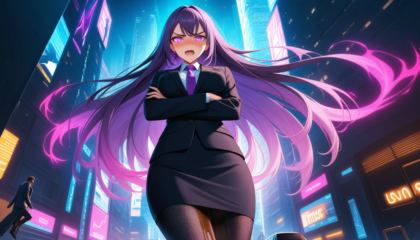 (high quality,Very detailed:1.37, High resolution), Woman, (very long hair:1.5), dark purple hair, purple eeyes, large breasts, (wetting herself:1.5), standing, business suit, necktie, (very long pencil skirt:1.5), pantyhose, (arms crossed:1.5), (embarrassed:1.5), (humiliation:1.5), (angry:1.25), (blushing:1.5), open mouth, Cyberpunk Style, Cyberpunk Cityscape, Neon Light, High-tech accessories, Meticulous details, (extremely detailed eys:1.37), Glowing LED pattern, Urban scenery, Futuristic elements, Mysterious Aura, ,Flying cars racing through the air, Holographic Advertising, Visually stunning architecture, Energetic and dynamic poses, Gives off a powerful aura, The cityscape reflected in her metallic eyes, Graceful movement amidst chaos, A moonlit sky with a futuristic hue, Pulsating Electronic Soundtrack, Enhanced Augmented Reality Overlays, Interacting with virtual objects in the environment