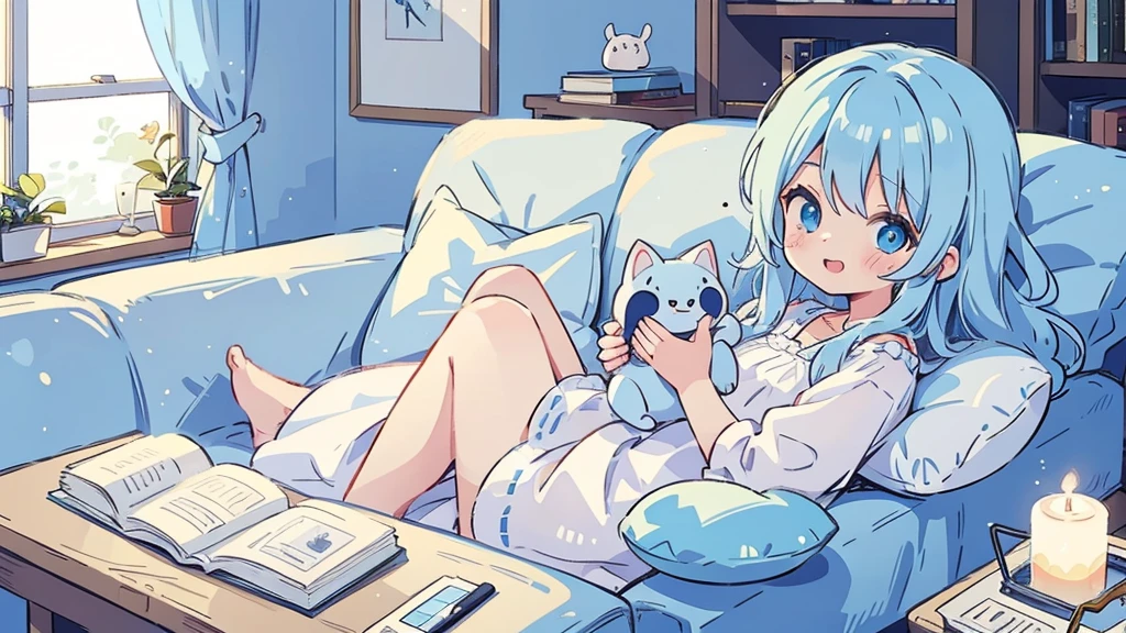 Light blue hair、Light blue eyes、Long Hair、cute、Sitting on the couch、laugh、Wearing a white dress、alone