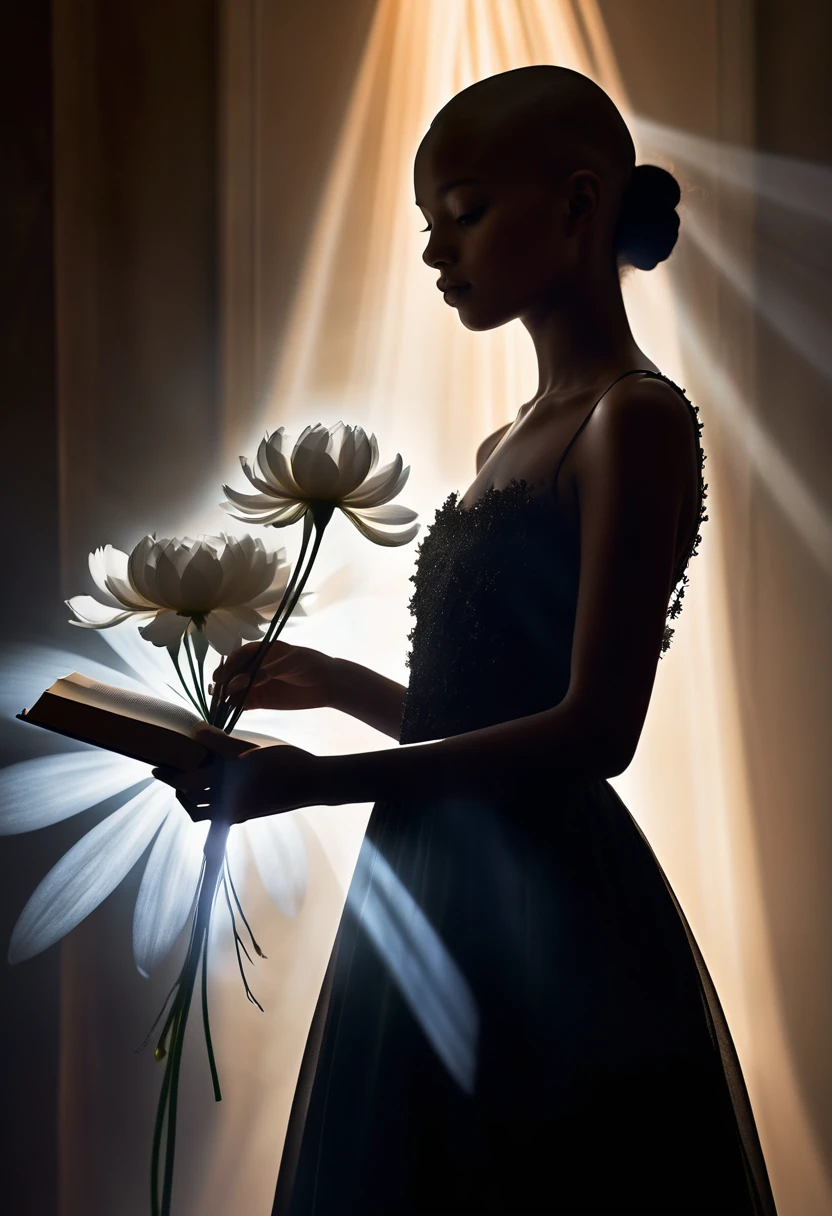 Create a detailed image of a book cover with a silhouette of a bald black 15 year old in shadow, partially visible, with a dress flowing softly around her. in front of the image, Picture near a single large detailed white flower, shining emitting powerful magic. The background must be completely dark, highlighting the silhouette and magic of the flower. Magic should be visualized as small, glowing, ethereal particles, radiating energy and mystery.