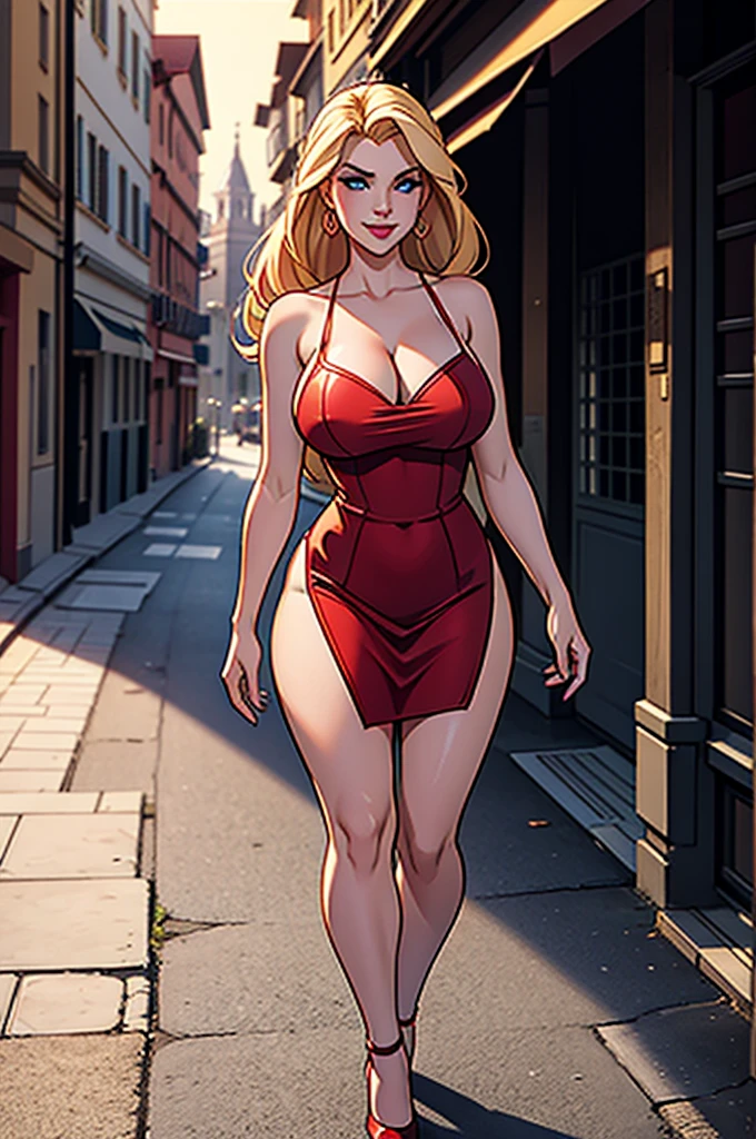 A beautiful busty blonde haired blue eyed woman resembling like Anna Nicole Smith, 21 years old, with extremely humongous tits, wearing short red dress showing the cleavage and highlighting her curves, smiling, seductive and walking through the streets of Lyon, black heels, photorealistic, 8k, highly detailed, dramatic lighting, cinematic composition, elegant fashion, glamorous, intricate details, hyper realistic
