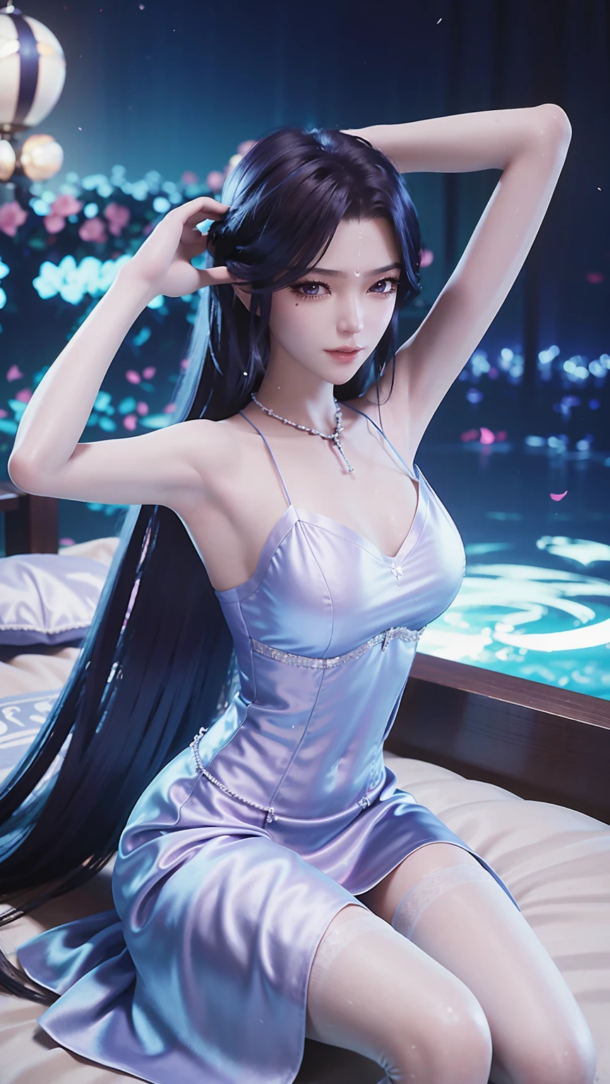 (((1 girl)),Ray tracing,(Dim Lights),[Detailed background (bedroom)),((Slim Girl))) Starry sky background，((((Girls wear dresses, With transparent stockings), Show off your exquisite figure and graceful curves, correct limbs, Sitting on the bed，Put your hands behind your head, Put your hands behind your head