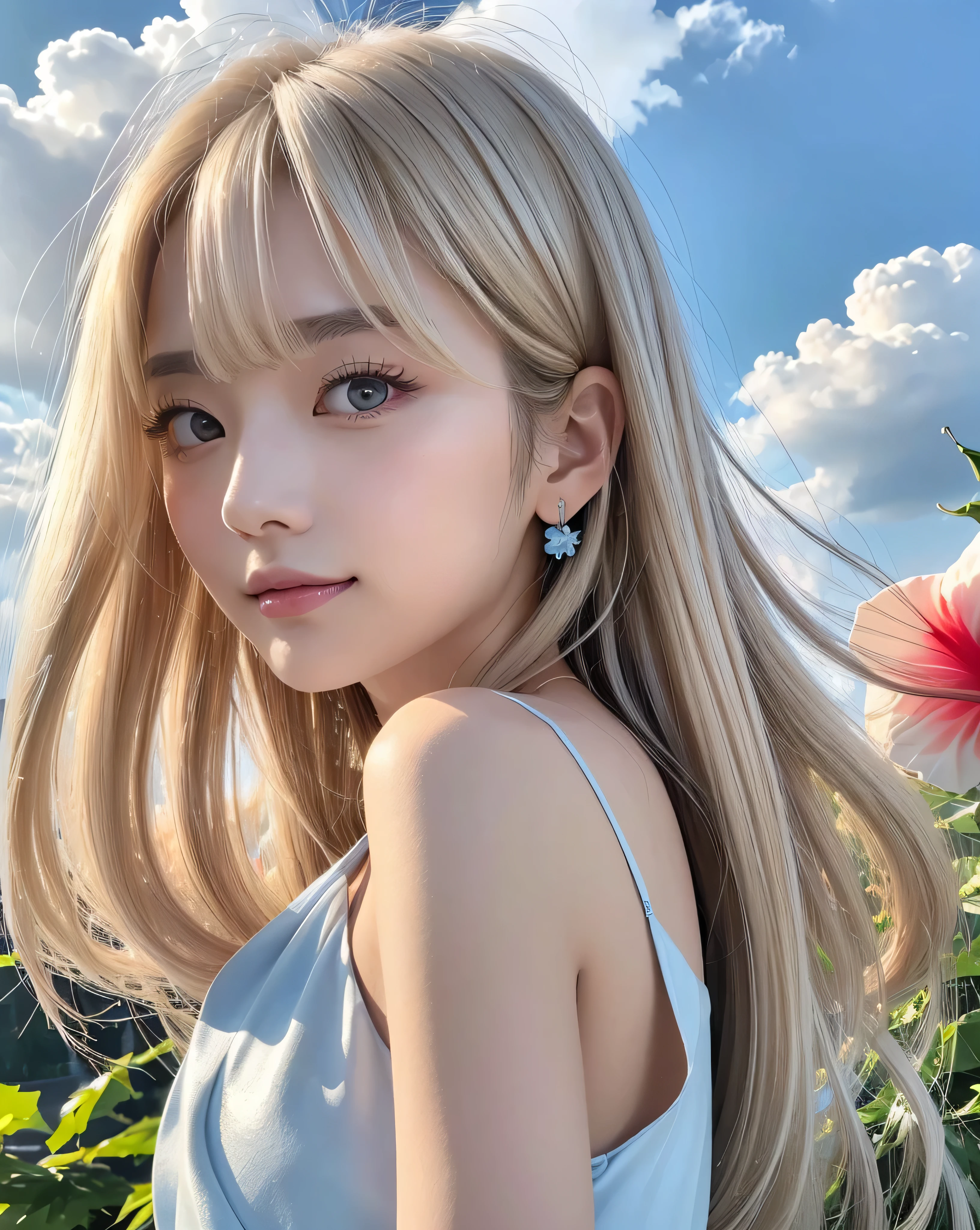 (Highest quality, 32k, High resolution, masterpiece:1.5, ), internal_jet, god々Photos with radiant and healing powers., A sense of calm and elusive beauty, Expressing emotions, Have a rich imagination,Beautiful Japanese Girl, Very beautiful face, ((Full body shot from the side:1.4)), Small Face Beauty, Perfect Human Anatomy, Magic big eye, Motherhood and generosity, deep love, A fleeting smile, ((Shiny ash beige hair:1.4)), Super Long Straight Silk Hair, Asymmetrical bangs, Hair between the eyes, transparent, Soft white skin, Sharp eyebrows, Thin lashes, Natural Makeup, Cheek Highlighter, Pale pink lips, ((Light blue inner camisole:1.3)), High resolutionの完璧な鎖骨, High resolutionの美しい胸元, Slim figure and ample breasts, High resolutionの美しい太もも, ((Detailed blue sky and clouds in summer:1.2)), ((Beautiful Hibiscus:1.3)), Professional Lighting, Professional Photographer, Professional Model, god秘的