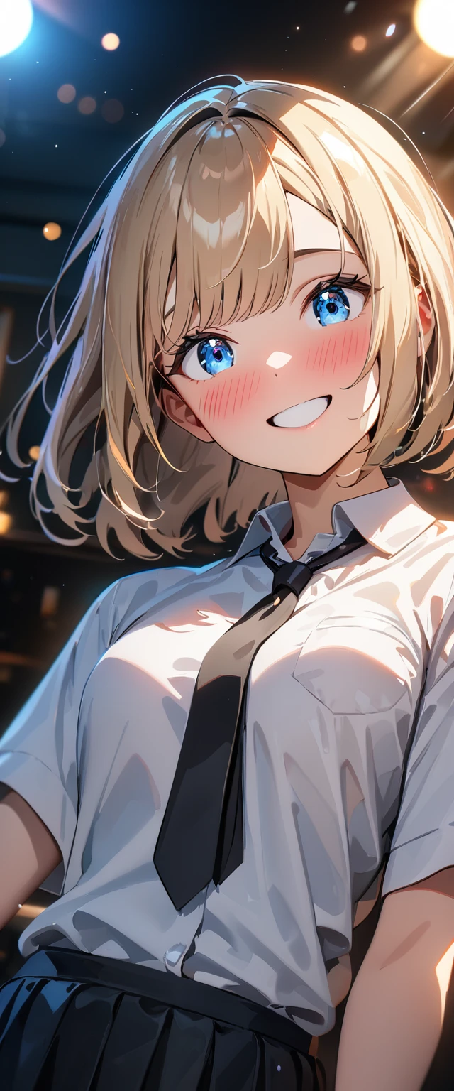 (((One girl))), blond hair, bob cut, (cowboy shot), (looking at viewer), face in focus, breasts, ager, head tilt:1.3, (((blue eye))), ((happy smile)), ((full face blush)), school summer uniform, white shirts, black tie, black skirt, cleavage, anime style, (best quality, 4k, 8k, highres, masterpiece:1.2, ultra-detailed, ultra-detailed eyes, HDR, UHD, studio lighting, ultra-fine painting, sharp focus, physically-based rendering, extreme detail description, professional, vivid colors, bokeh)