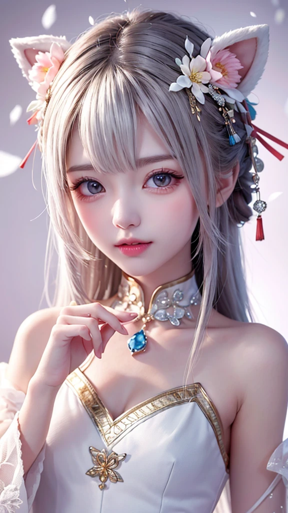 Gentle and lovely Chinese beauty, Exquisite and sexy clavicle, Charming goose egg face, Double eyelids, Bright peach blossom eyes, Pink lips, Small upturned nose, Bare shoulders, focused face, Close-up of face, Ultra HD, Super Detail, full-body shot, Ultra-thin translucent, Cat ears, Snowflakes falling, Pure white hair, (High detail fingers: 1.5)
