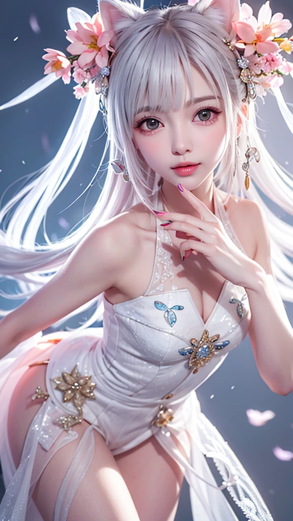 Gentle and lovely Chinese beauty, Exquisite and sexy clavicle, Charming goose egg face, Double eyelids, Bright peach blossom eyes, Pink lips, Small upturned nose, Bare shoulders, focused face, Close-up of face, Ultra HD, Super Detail, full-body shot, Ultra-thin translucent, Cat ears, Snowflakes falling, Pure white hair, (High detail fingers: 1.5)
