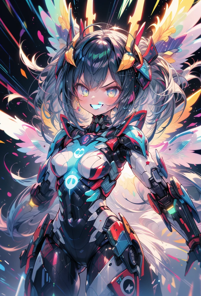 (masterpiece:1.2), best quality, high resolution, extremely detailed CG, absurdres, highres, 1girl, mecha girl, colorful light particles arounded, glitter, glowing wings, (((vivid color))), ((angry, grin, smile)), Colorful portraits, karukan \(monjya\)