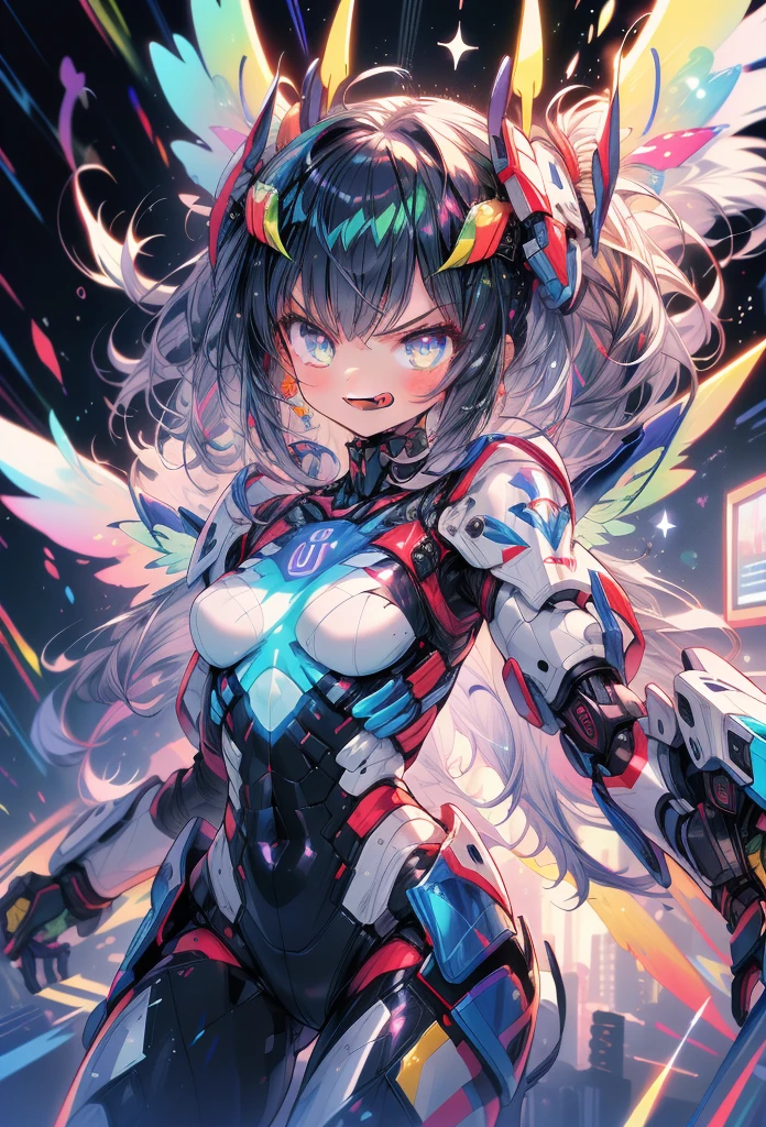 (masterpiece:1.2), best quality, high resolution, extremely detailed CG, absurdres, highres, 1girl, mecha girl, colorful light particles arounded, glitter, glowing wings, (((vivid color))), ((angry, grin, smile)), Colorful portraits, karukan \(monjya\)