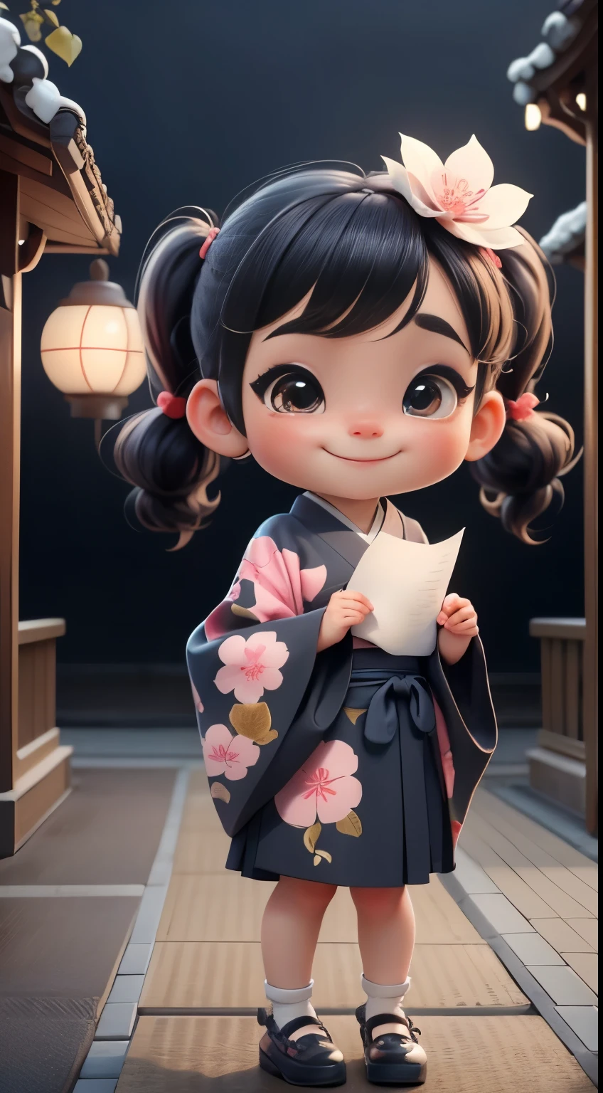 Create a  chibi version of the Alice character in an 8K resolution. A girl with pigtails wearing a wave-patterned kimono, holding a paper lantern and wearing a cherry blossom hair clip at the Gion Festival in Kyoto, Japan, It's sunny, Detailed eyes, clear outlines, kawaii pose, A smile, Raise your right hand, Eye Up, Laugh, Cute red shoes, radiant light, Taken from the side. She should look adorable and cute. Give him a smiling expression and a sweet smile on his face, capturing the essence of the character in a delicate and charming way.