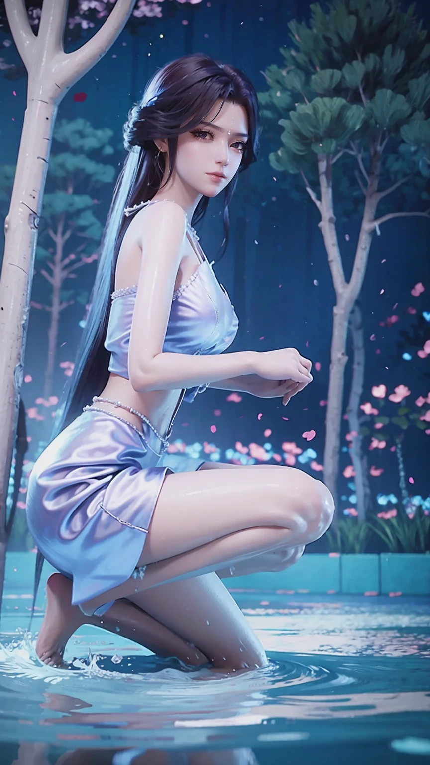 Cartoon woman kneeling on the starry sky, Water splashes at the knees，CG Social Trends, Smooth anime CG art, Starry sky background，Full body view，Royal sister kneeling posture