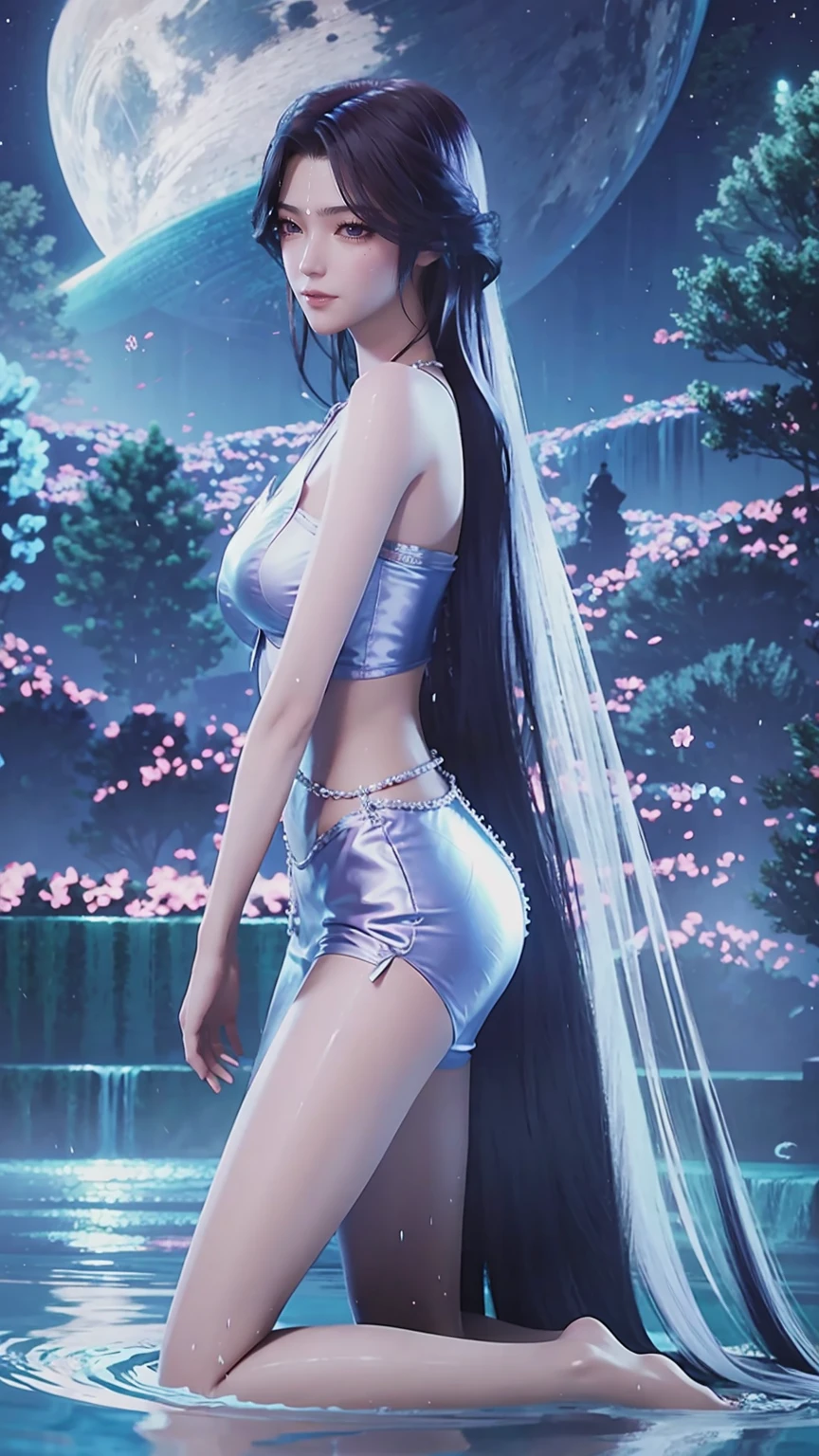 Cartoon woman kneeling on the starry sky, Water splashes at the knees，CG Social Trends, Smooth anime CG art, Starry sky background，Full body view，Royal sister kneeling posture