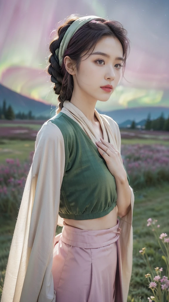 (Extremely detailed CG),(((8K))),wallpaper,((Extremely exquisite and beautiful)),(((masterpiece))),(((Best quality))),(((Ultra-high resolution))),Beautiful light,Realistic shadows,(Smooth and flawless fair skin:1.5),(Extremely delicate facial details:1.2),(Extremely detailed:1.5),((Beautiful Uighur girl,Solitary)),(Pink headscarf:1.3),(Short braids:1.2),(Small head:1.2),(Thin face:1.2),(Exquisite makeup:1.3),(Happy:1.2),(lol:1.2),(Jasmark on the face:1.3),(Perfect body:1.1),(Long magenta robe:1.3),(Small Breasts:1.2),(flat chest:1.2),(Pants:1.3),((Slim,Thin)),(From the front:1.3),(permanent:1.3),(Put your hands behind your back:1.2),(On the green meadow with blooming flowers:1.5),(Many colors:1.5),(Cattle and Sheep:1.2),(Coniferous forest:1.2),(Snow-capped mountains in the distance:1.2),(Pink sky:1.2),(Detailed background:1.3),(outdoor:1.3),(early summer:1.3),(Night view:1.5),(Magenta Aurora:1.3),(Upper Body:1.3)
