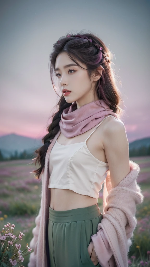 (Extremely detailed CG),(((8K))),wallpaper,((Extremely exquisite and beautiful)),(((masterpiece))),(((Best quality))),(((Ultra-high resolution))),Beautiful light,Realistic shadows,(Smooth and flawless fair skin:1.5),(Extremely delicate facial details:1.2),(Extremely detailed:1.5),((Beautiful Uighur girl,Solitary)),(Pink headscarf:1.3),(Short braids:1.2),(Small head:1.2),(Thin face:1.2),(Exquisite makeup:1.3),(Happy:1.2),(lol:1.2),(Jasmark on the face:1.3),(Perfect body:1.1),(Long magenta robe:1.3),(Small Breasts:1.2),(flat chest:1.2),(Pants:1.3),((Slim,Thin)),(From the front:1.3),(permanent:1.3),(Put your hands behind your back:1.2),(On the green meadow with blooming flowers:1.5),(Many colors:1.5),(Cattle and Sheep:1.2),(Coniferous forest:1.2),(Snow-capped mountains in the distance:1.2),(Pink sky:1.2),(Detailed background:1.3),(outdoor:1.3),(early summer:1.3),(Night view:1.5),(Magenta Aurora:1.3),(Upper Body:1.3)