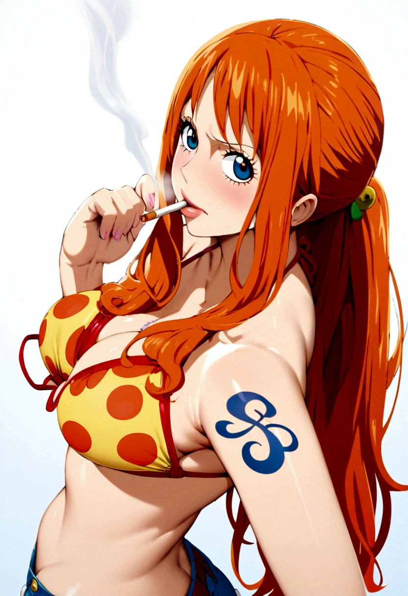 a cartoon picture of a woman in a bikini top and jeans, nami one piece, nami from one piece, nami, beautiful portrait of nami, from one piece, oppai, blue eyes, smoking, ponytail, nsfw