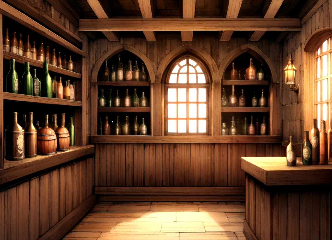 old English pub interior, rough tiled walls, wooden floor, large window looking out to sea, shelves with bottles, cobwebs in corners