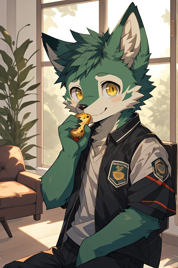 (highest resolution, Dynamic HDR, 4K, full HD) , furry, 18 years old, green fur wolf, green body, yellow eyes, Random clothes, shrink, bodyส่วนบน, round_cornea, Sad smiling face, cute, living room, slim_body, clear face, mouth holding snack