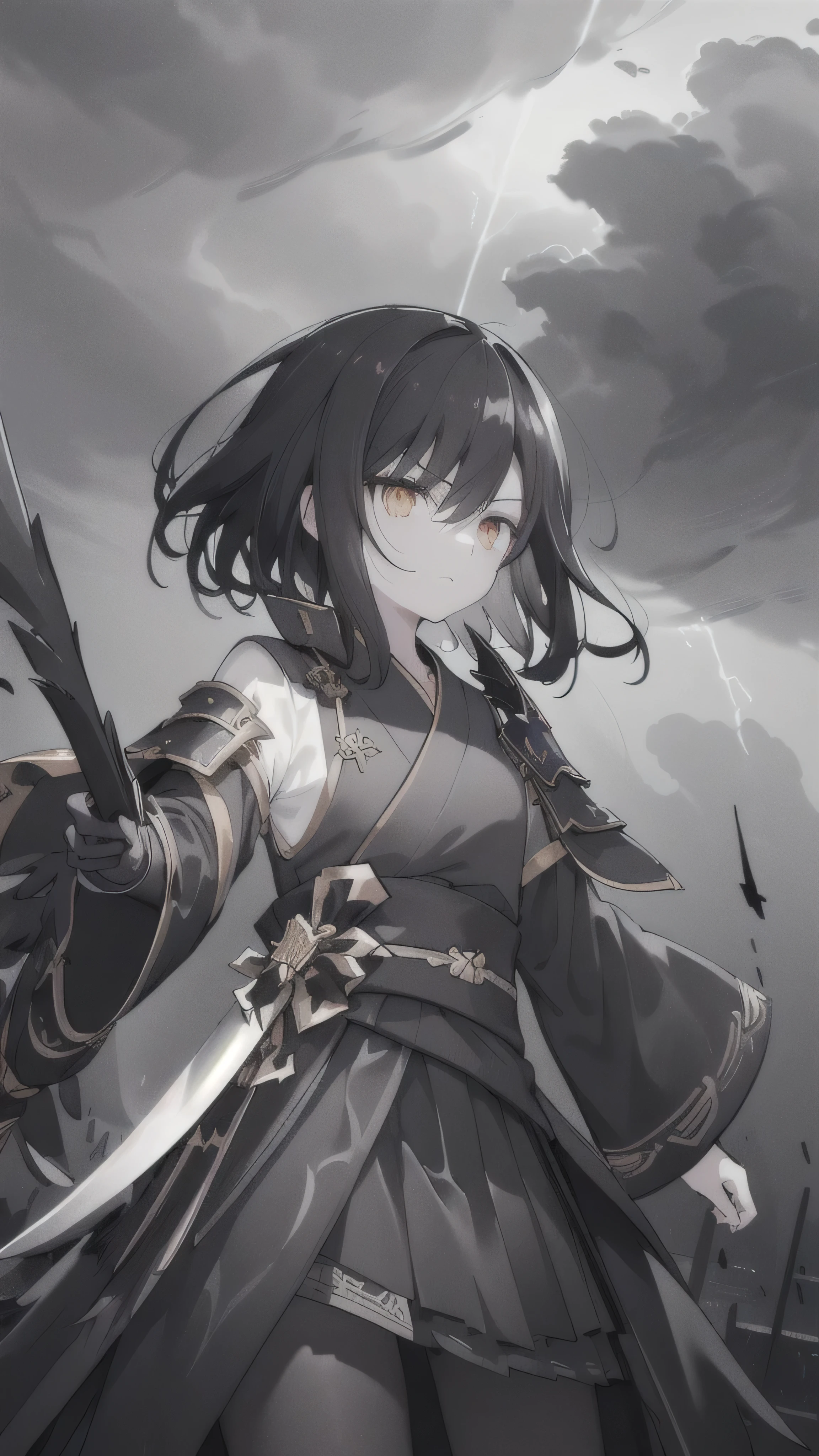 (dark hair,short black hair),(golden eyes),(black hanfu,black armor),(ink black longsword),(ravens),(high contrast,monochrome,black and white),(mystery,ominous),(stormy atmosphere,thunderstorm),(dramatic lighting),(detailed textures),(dynamic pose),(dark background)