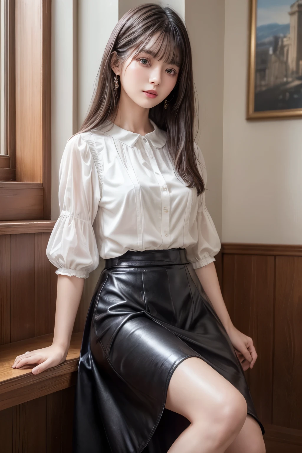 ((Best image quality、8K、masterpiece：1.3))、Realistic high-quality photos、Highest quality、Beautiful and graceful face and eyes、Black Hair、Shiny Hair、 OL、Wearing a short-sleeved blouse、Wear a long skirt、Full Body Shot.