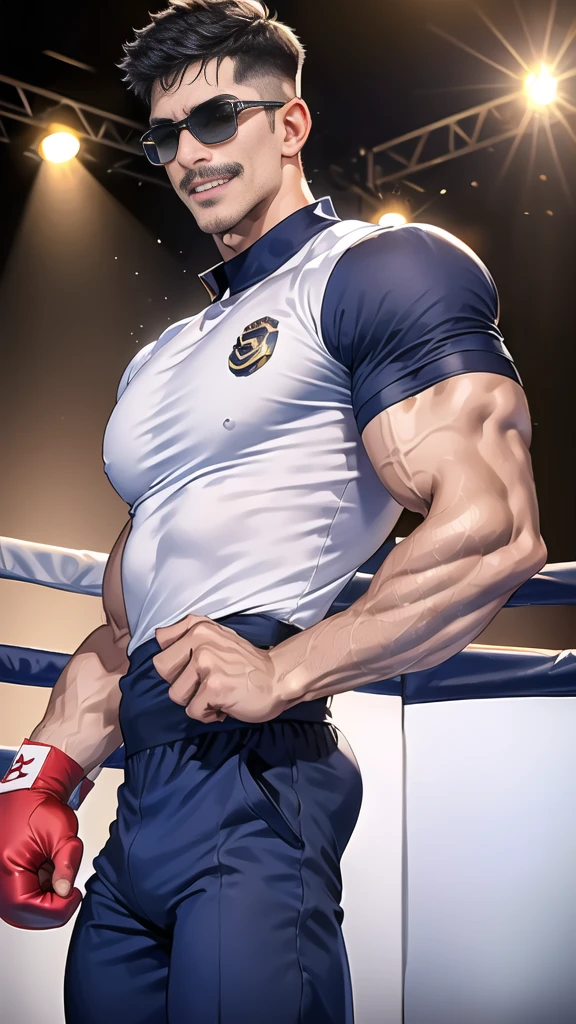 (handsome Man),(Thin mustache:1.1),(crew cut short hair:1.5),black eye,
(navy blue tight-fitting round neck short sleeve T-shirt:1.3),(Police badge:1.3),navy blue cargo pants,(navy_gloves:1,3),(navy_backpack:1.3),(sunglasses:1.3),
Korean guy,chest muscles,large arm muscles,blood vessel,Big muscles,Broad shoulders,(open mouth:1.2),(face up:1.2),(open eyes:1.5),middle of the road,smile,(boxing ring:1.4),