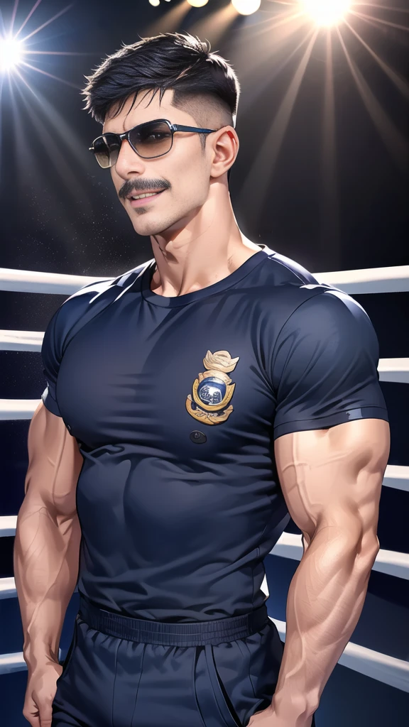 (handsome Man),(Thin mustache:1.1),(crew cut short hair:1.5),black eye,
(navy blue tight-fitting round neck short sleeve T-shirt:1.3),(Police badge:1.3),navy blue cargo pants,(navy_gloves:1,3),(navy_backpack:1.3),(sunglasses:1.3),
Korean guy,chest muscles,large arm muscles,blood vessel,Big muscles,Broad shoulders,(open mouth:1.2),(face up:1.2),(open eyes:1.5),middle of the road,smile,(boxing ring:1.4),