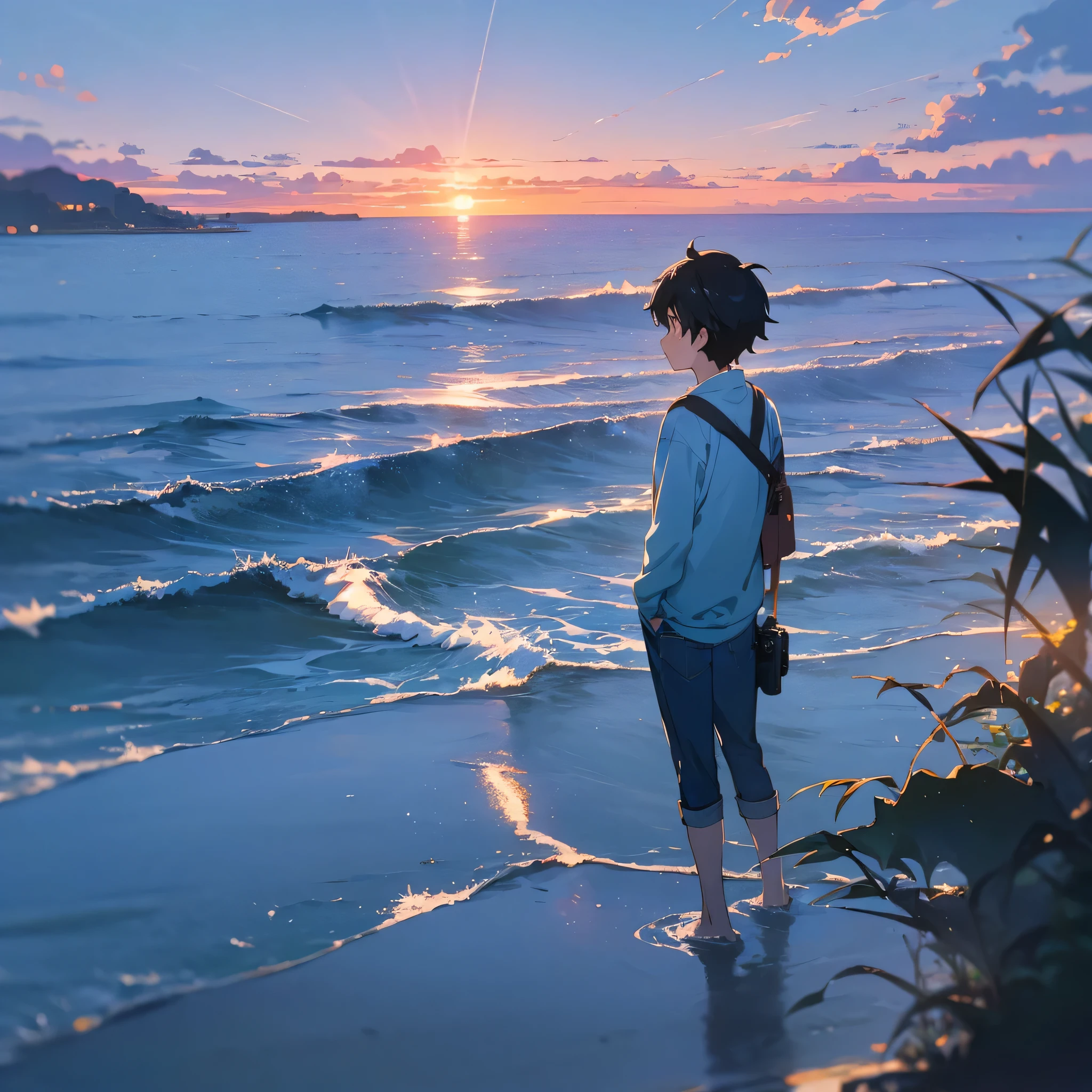 anime - along the sea, a boy, the boy using an old camera taking pictures, the boy wearing a pale blue hoodle and black jeans, makoto shinkai style, pale blue sky, pale blue sea, ultra high quality, ultra detailed, detailed face, sunset