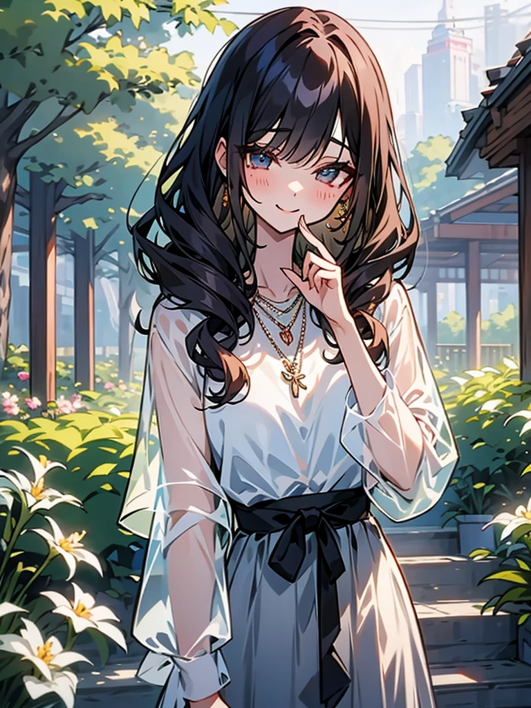 Slender beautiful girl、 Generation、athlete、See-through white blouse、Checked dress、Curly Hair、Garden、necklace、smile、mask、pierce、Subculture、Otaku、Mine system