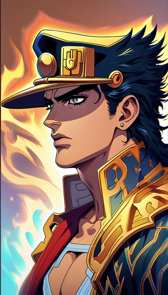 Generate a hyper-realistic image of Kujo Jotaro from *JoJo's Bizarre Adventure* as a Soul Reaper from *Bleach*. He should be depicted in a detailed Soul Reaper costume, with realistic textures and intricate designs. His Zanpakutou should embody the essence of his stand, Star Platinum, featuring elements like its distinctive armor and powerful aura. The image should capture the intense and commanding presence of Kujo Jotaro, blending the art styles of both anime series seamlessly.