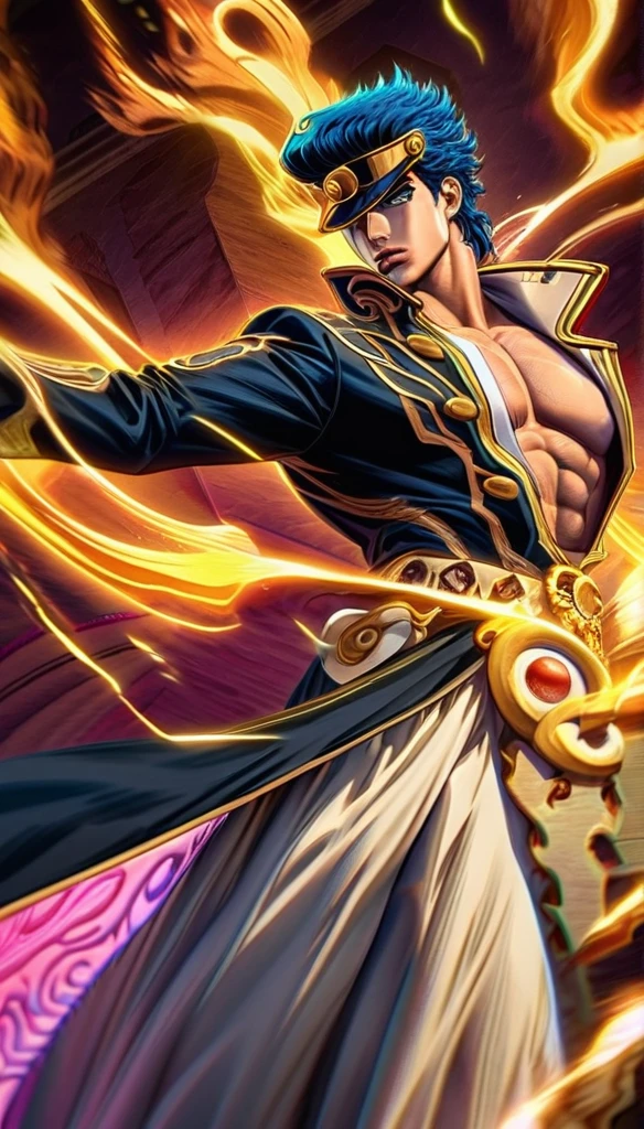 Generate a hyper-realistic image of Kujo Jotaro from *JoJo's Bizarre Adventure* as a Soul Reaper from *Bleach*. He should be depicted in a detailed Soul Reaper costume, with realistic textures and intricate designs. His Zanpakutou should embody the essence of his stand, Star Platinum, featuring elements like its distinctive armor and powerful aura. The image should capture the intense and commanding presence of Kujo Jotaro, blending the art styles of both anime series seamlessly.