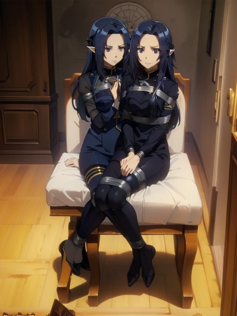 ((( masterpiece ))) ((( background : evil lair : high tech equipment : im a creepy room : a couple of guards ))) ((( dark blue hair,,long hair,blue eyes,pointy ears,elf: black skintight spy suit : bound to a chair : captured : serious : hands tied behind : leg tied )))