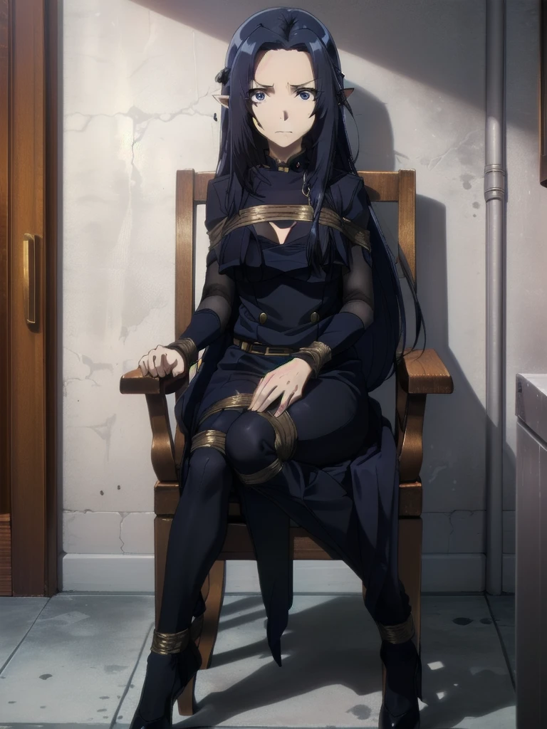 ((( masterpiece ))) ((( background : evil lair : high tech equipment : im a creepy room : a couple of guards ))) ((( dark blue hair,,long hair,blue eyes,pointy ears,elf: black skintight spy suit : bound to a chair : captured : serious : hands tied behind : leg tied )))