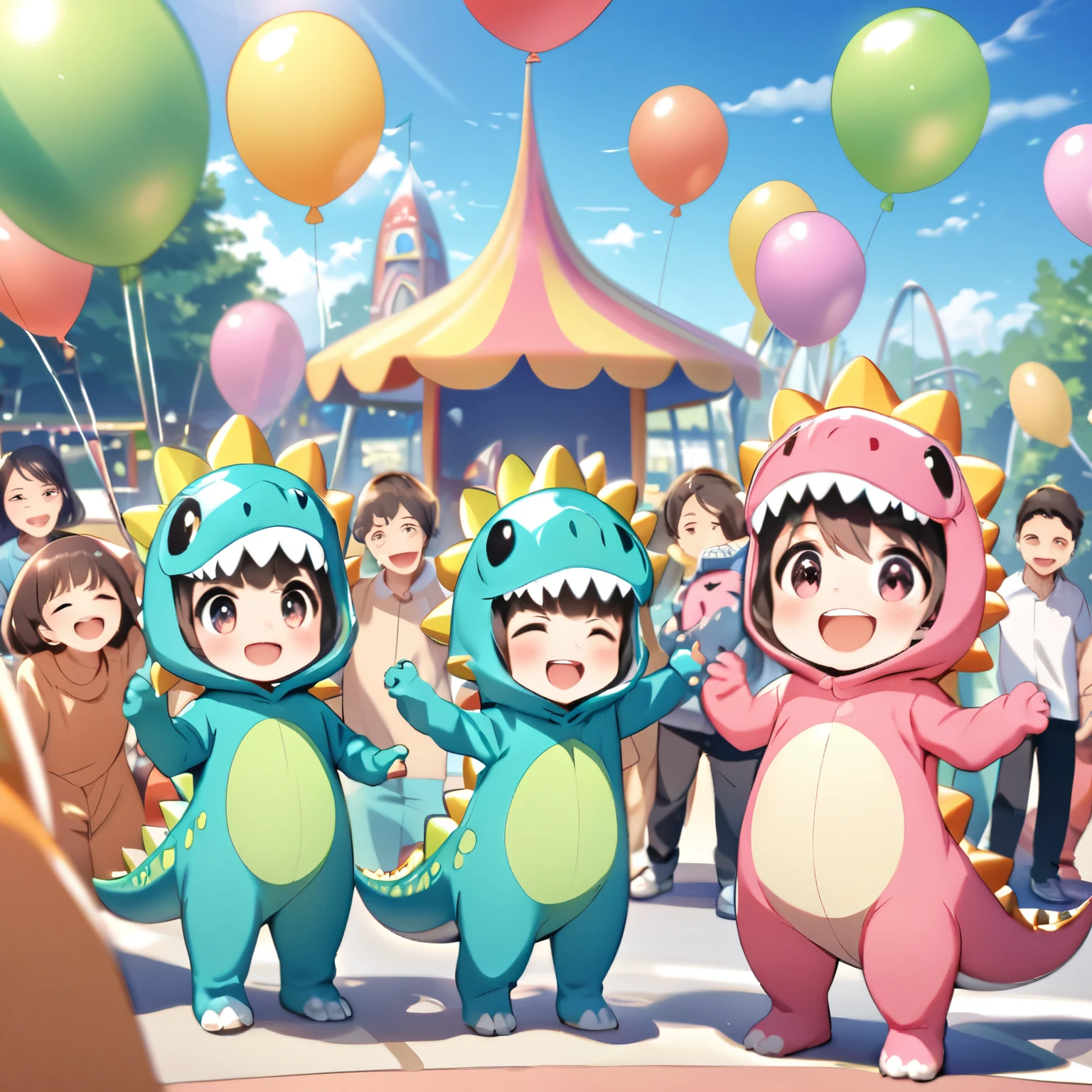 Amusement park on a sunny day, (attendants in pink dinosaur costumes), smiling children around dinosaur costumes, attendants holding a bunch of balloons, sunny blue sky, people smiling, people playing on playground equipment in the background,